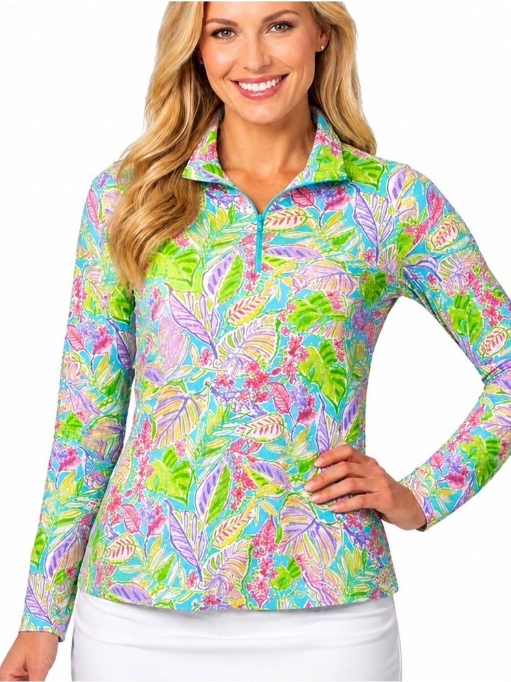 IBKUL UPF 50+ Quarter Zip Tropical Long Sleeve Top Medium
